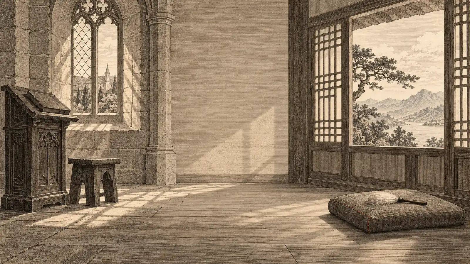 On one side a cathedral window and a lectern, on the other a temple cushion facing the mountains — two empty seats