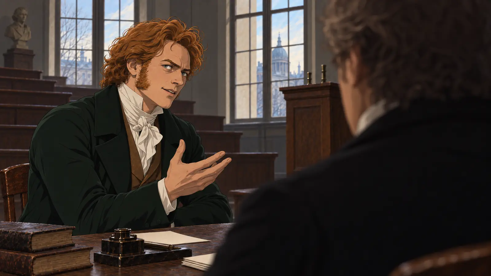 Across a lecture-hall table, a young red-haired man holds out his hand as he speaks; in the foreground, the back of the grey-haired man facing him