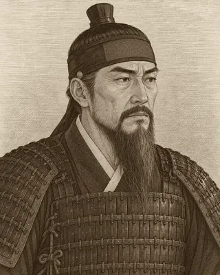 검은 망건을 두르고 상투를 올린 채 긴 옷 위에 작은 미늘을 엮은 갑옷을 입은, 가슴까지 닿는 수염의 이순신을 상상해 그린 모습.