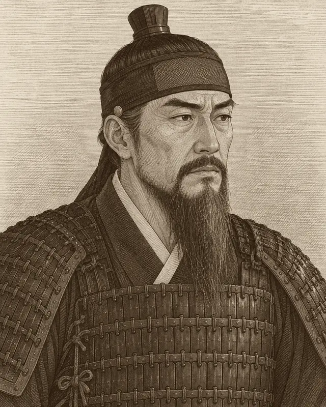 黒い網巾（マンゴン）を巻いて髷を結い、長い衣の上に小札をつづった鎧を着た、胸まで届くひげの李舜臣を想像して描いた姿。