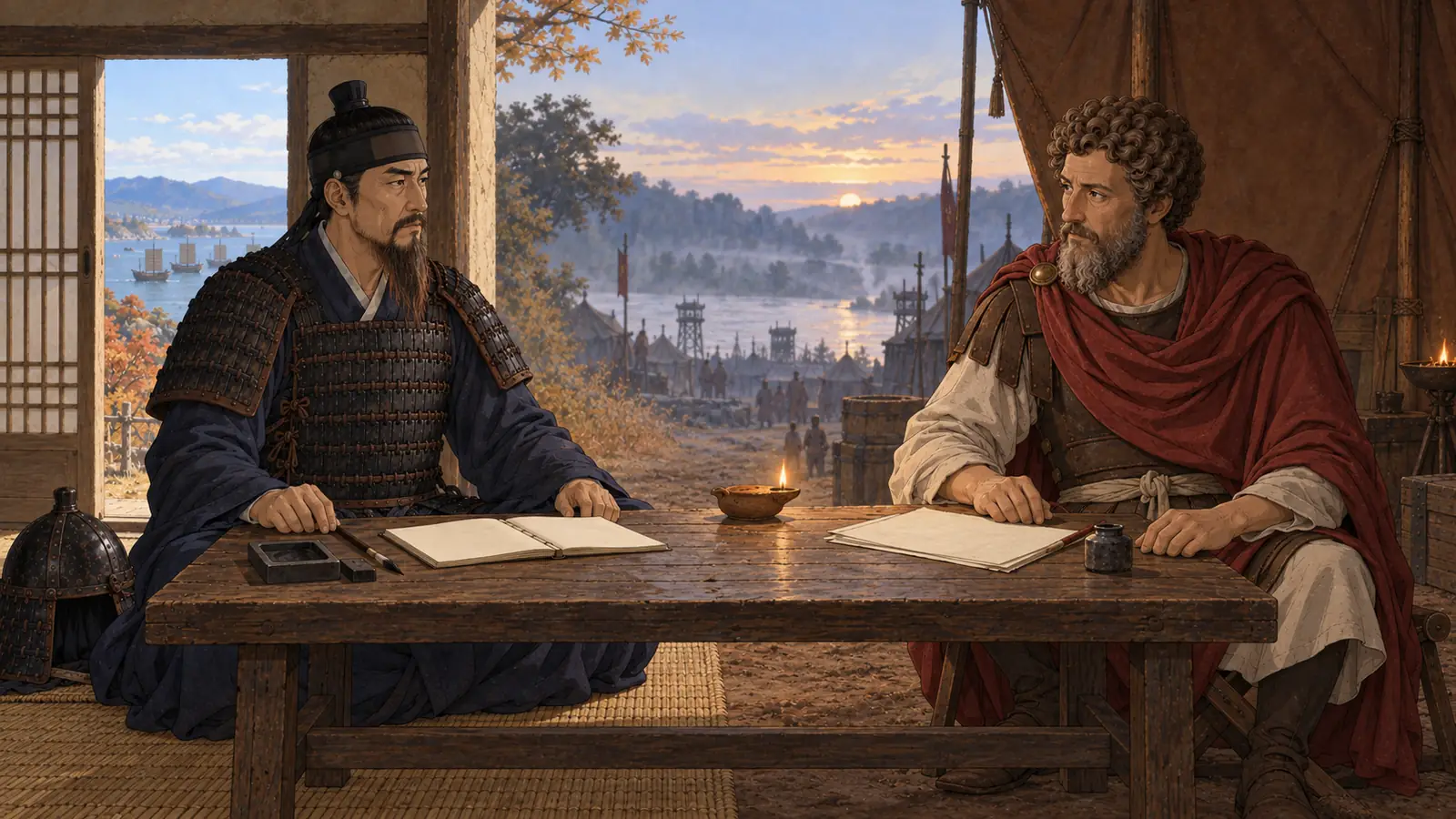 A room opening onto the sea and ships on one side and an army tent camp on the other; between them, at a long wooden table with notebooks open, sit a commander in armour and a curly-haired man in a red cloak, facing each other