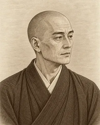 삭발한 머리에 흰 속깃 위로 넓은 겉옷을 여민 회갈색 승복 차림의 백장회해를 상상해 그린 세피아 판화풍 초상.