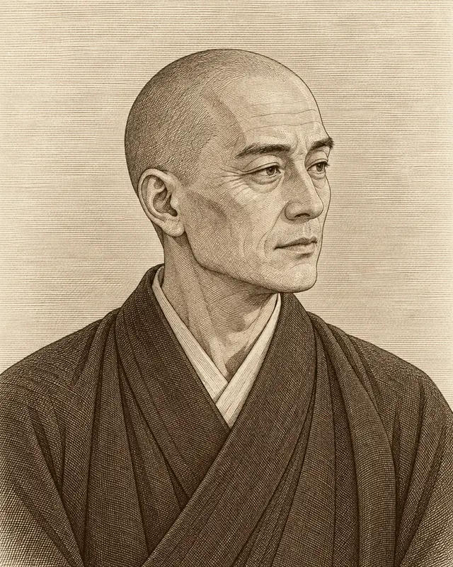 삭발한 머리에 흰 속깃 위로 넓은 겉옷을 여민 회갈색 승복 차림의 백장회해를 상상해 그린 세피아 판화풍 초상.