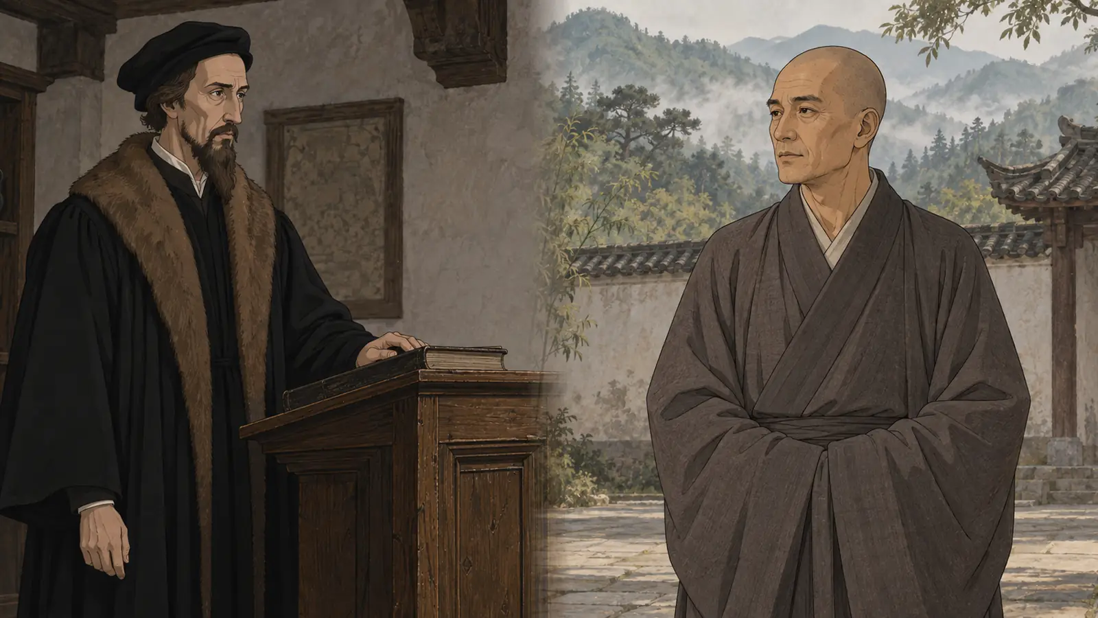 왼쪽은 책을 올린 독서대에 손을 얹고 모피 깃의 검은 가운에 검은 모자를 쓴 수염의 남자, 오른쪽은 안개 낀 산과 기와 담이 보이는 절 마당에서 회갈색 승복을 입고 선 삭발한 남자, 두 사람이 나란히 보이는 장면