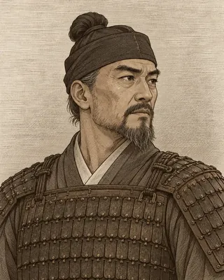 작은 검은 천 관 아래 상투를 틀고 잔 비늘 조각을 겹친 갑옷을 입은, 턱수염에 흰 털이 섞인 계백을 참고 그림을 바탕으로 상상해 그린 세피아 판화풍 초상.
