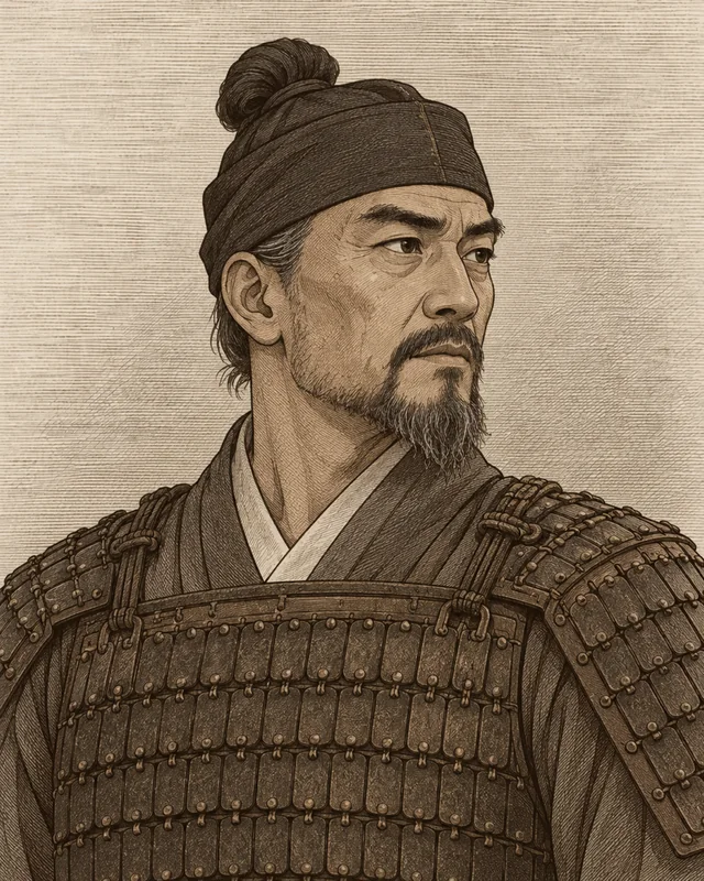 작은 검은 천 관 아래 상투를 틀고 잔 비늘 조각을 겹친 갑옷을 입은, 턱수염에 흰 털이 섞인 계백을 참고 그림을 바탕으로 상상해 그린 세피아 판화풍 초상.
