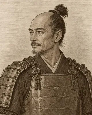 앞머리를 밀고 뒤로 상투를 묶어 어깨 가리개와 끈 달린 가슴판 갑옷을 입은, 성긴 콧수염과 엷은 턱수염의 사나다 유키무라를 참고 그림을 바탕으로 상상해 그린 세피아 판화풍 초상.