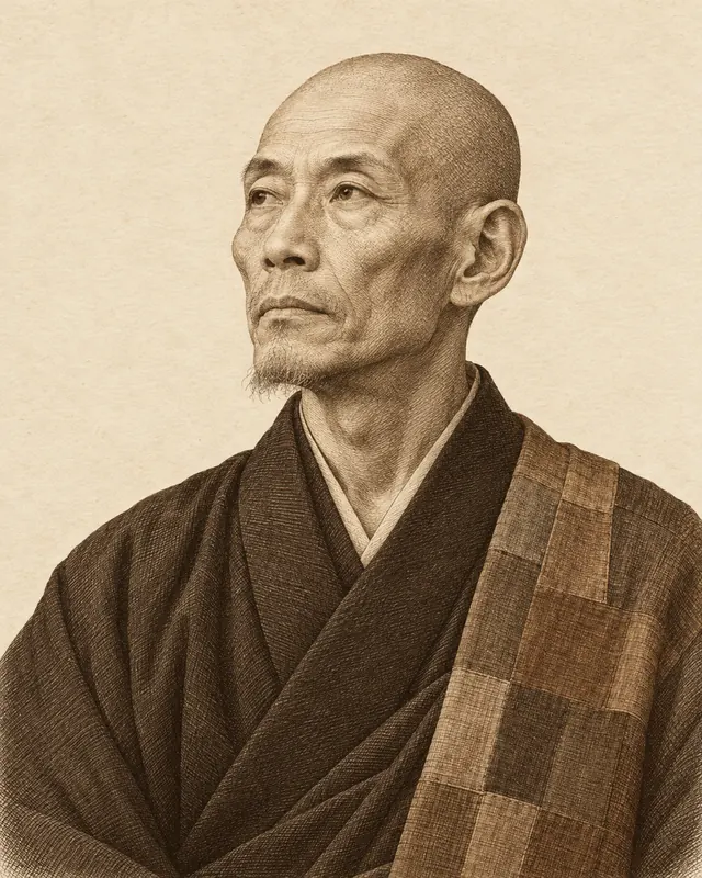 삭발한 머리에 갈색 승복을 입고 어깨에 갈색 조각보 무늬 가사를 두른 도겐을, 가마쿠라 시대 초상(후쿠이 호쿄지 소장)을 바탕으로 그린 세피아 판화풍 초상.