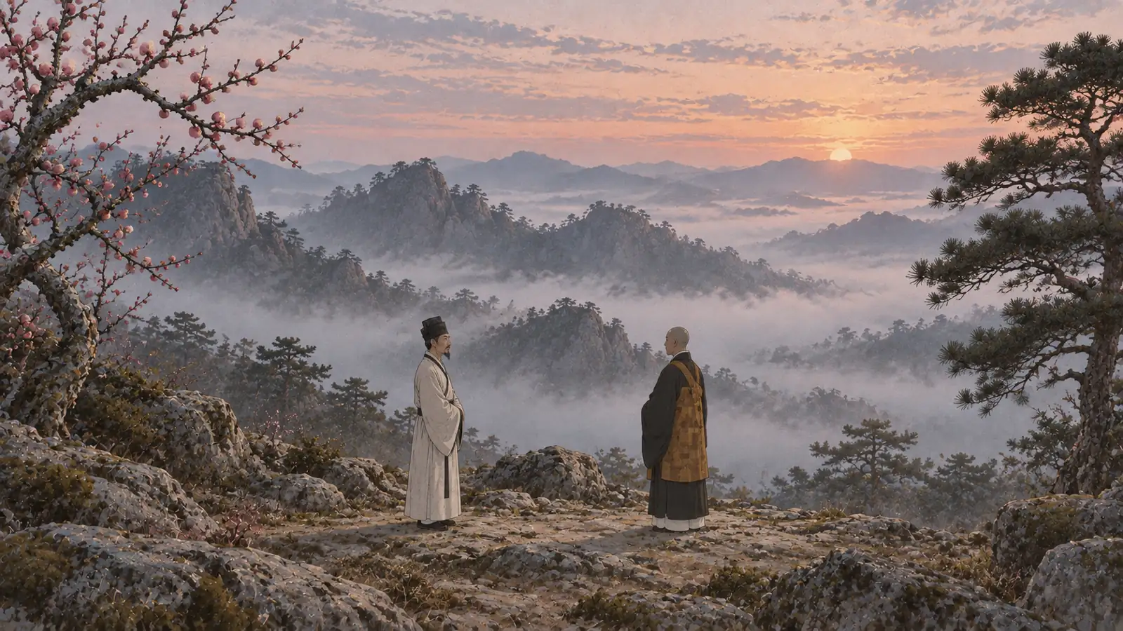 지평선 가까이에 해가 걸린 노을빛 하늘 아래 안개 낀 산등성이 바위 위에서, 높은 검은 모자에 깃에 검은 선을 두른 흰 포(심의)를 입은 남자와 갈색 가사를 두른 삭발한 스님이 서로 마주 보고 선 장면. 왼쪽에는 매화 가지, 오른쪽에는 소나무가 보인다.