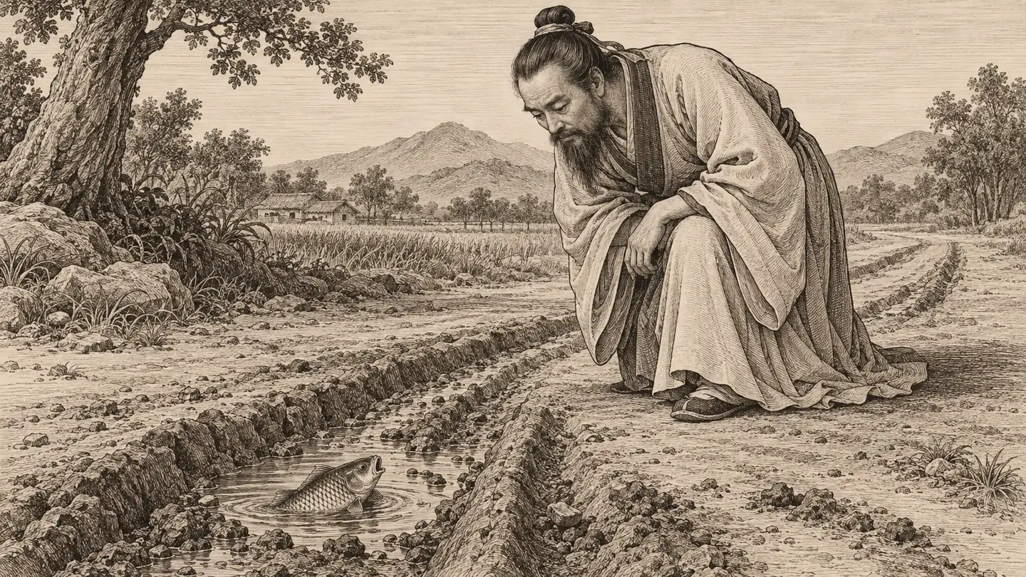 A man in old-style clothes crouching on a dirt road with wheel ruts, looking down at a carp in the water pooled in a rut