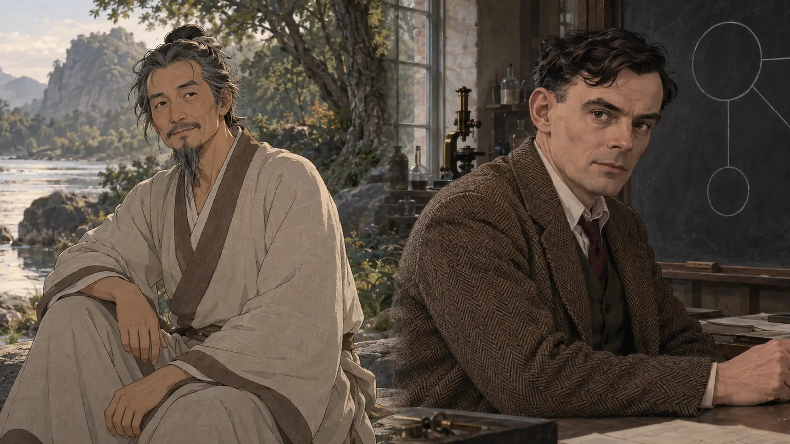 On the left, a man in old Chinese dress seated on a riverside rock; on the right, a man in a tweed jacket seated at a desk before a blackboard; the two seen side by side