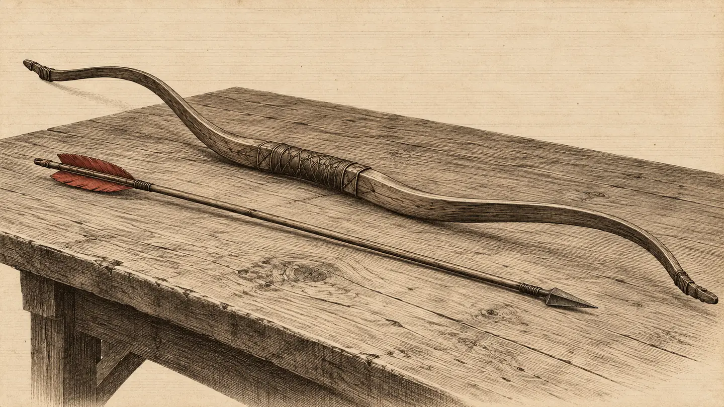 A bow and a single red-fletched arrow laid on an old wooden table
