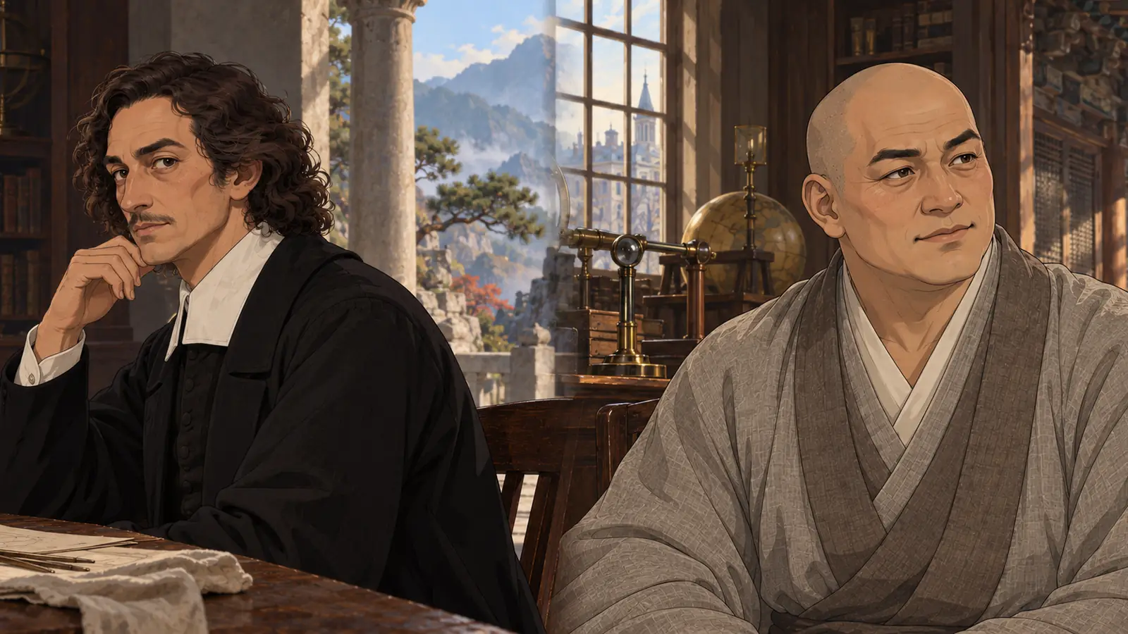 On the left, a curly-haired man in black resting his chin on his hand; on the right, a monk in grey robes; the two seen side by side in a room where a study and a temple hall meet