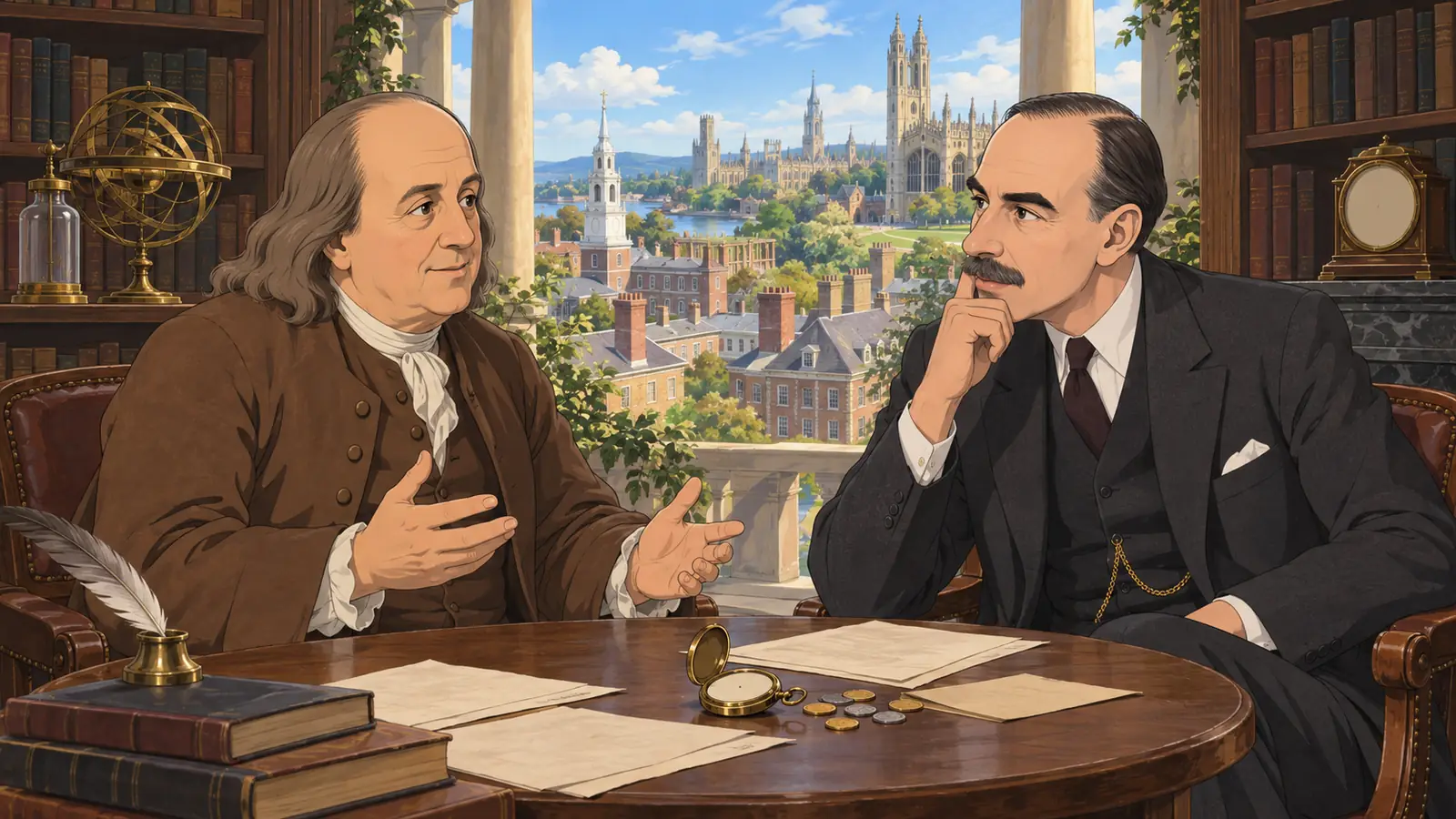 A study with a clock tower and university buildings beyond the window; seated together at a table, an old man with long hair in brown clothes and a man with a moustache in a black suit