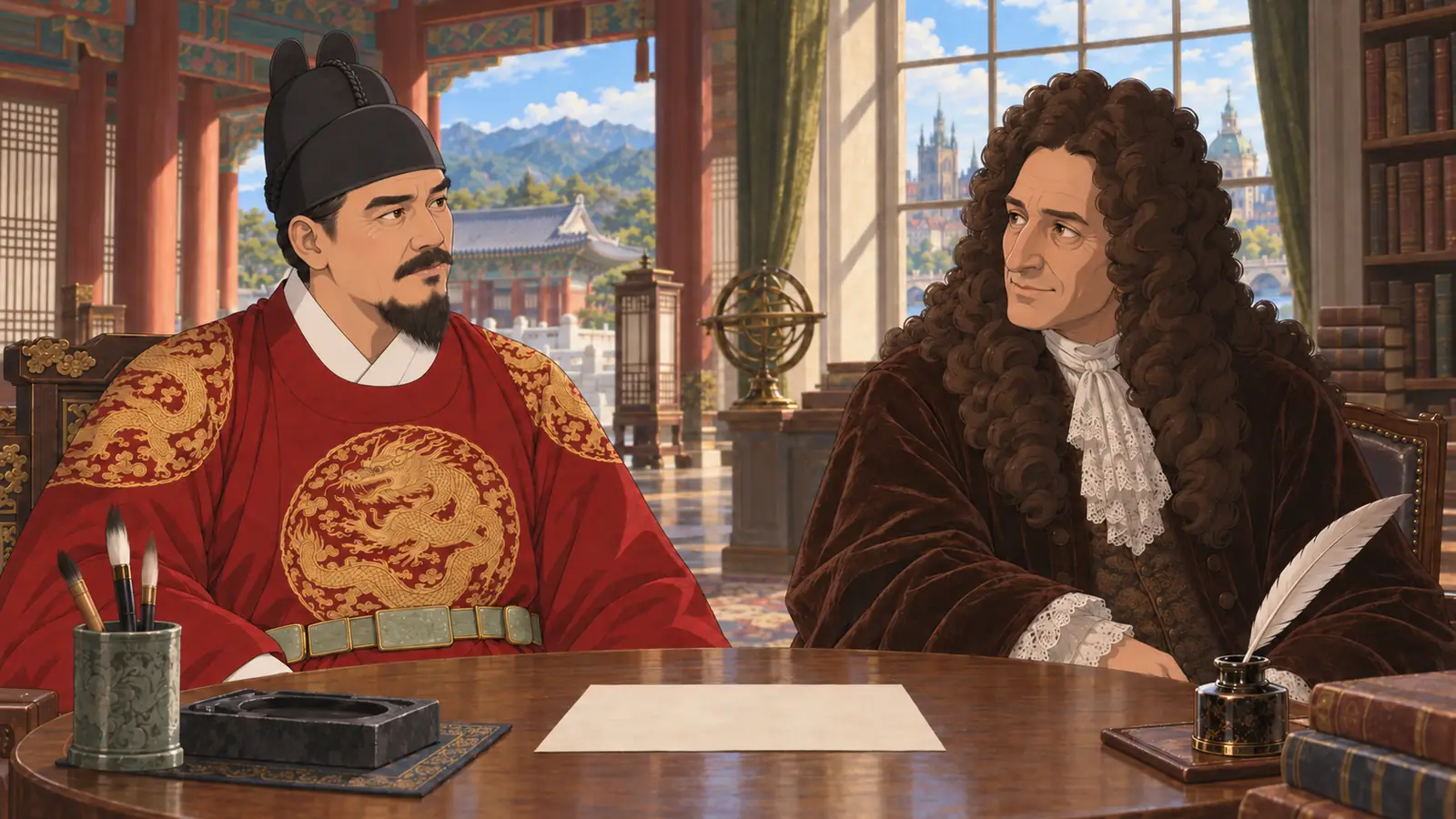 In a room with palace roofs and mountains through one window and a European city through the other, a king in a red dragon robe and winged cap and a man in a long curly wig sit together at a table