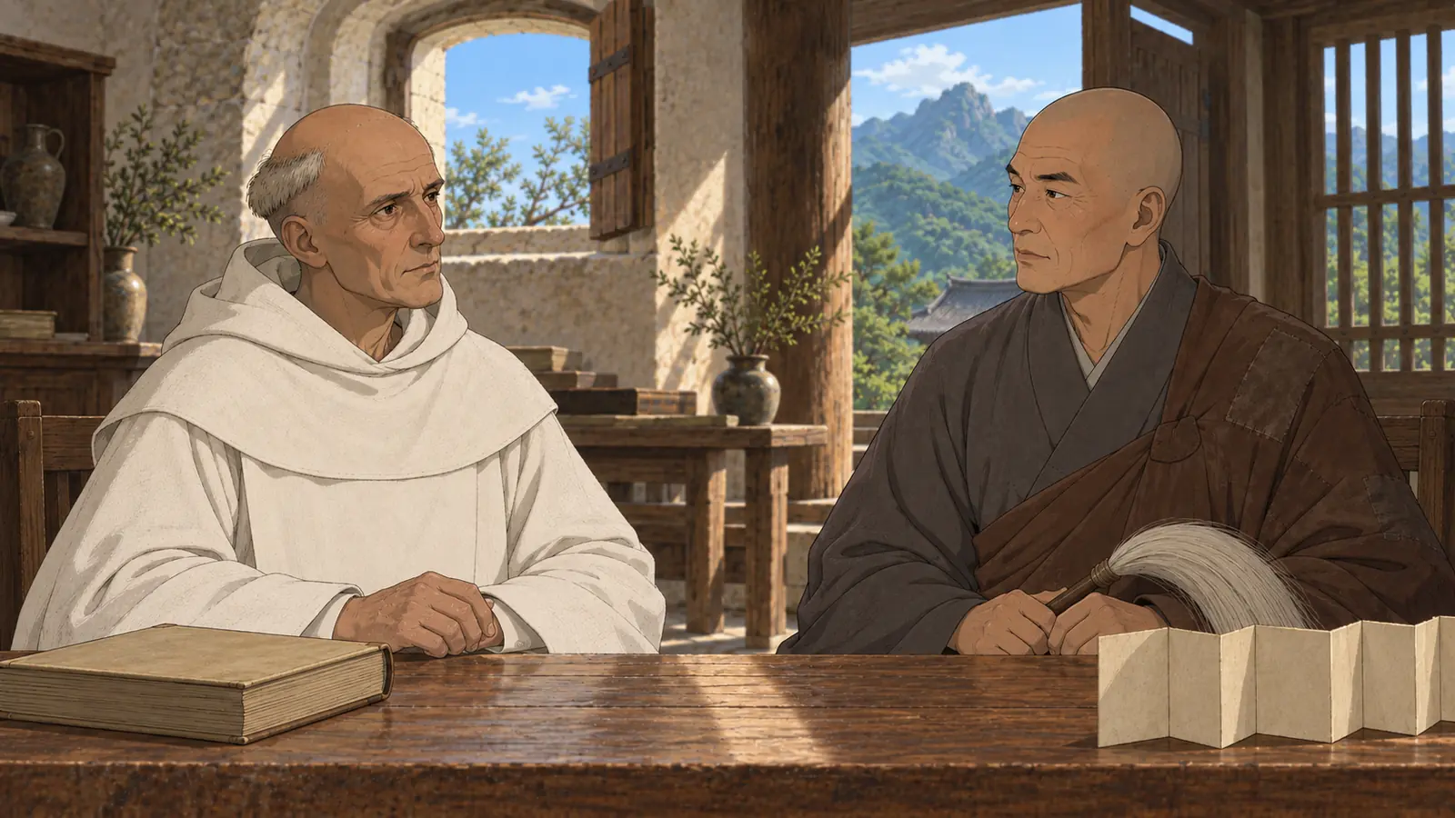 A Western friar in a white habit and a monk in robes seated together at a wooden table by a window with a view of mountains