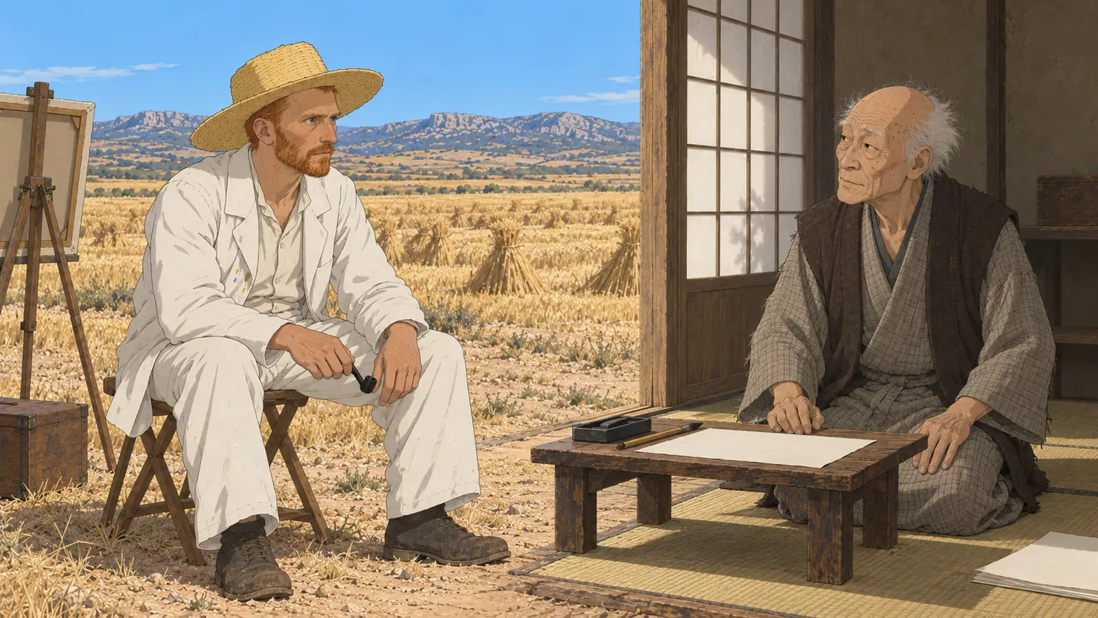 On the field side, a red-bearded man in white clothes and a straw hat sits on a folding stool; across from him, a white-haired old man in old Japanese dress sits at a low desk in a tatami room; the two look at each other