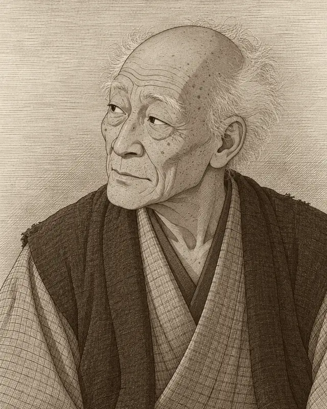 頭頂が薄く白髪がほつれる、格子柄の着物に袖なしの胴着を重ねた晩年の北斎を想像して描いた姿。