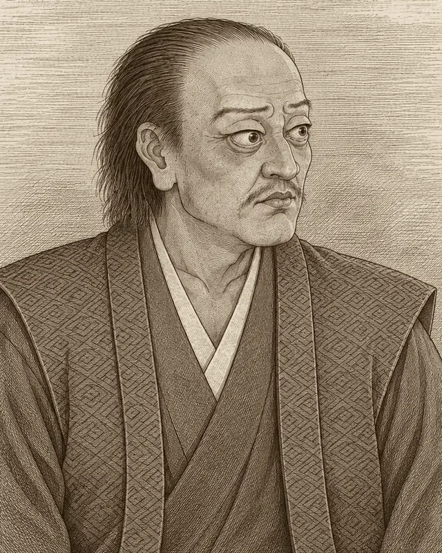 額が後退し残りの髪を後ろへ流し、細かな文様の袖なしの上着を着て横を見つめる宮本武蔵を想像して描いた姿。