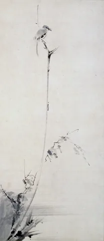 세로로 긴 종이에 먹으로 그린 그림. 가늘고 긴 마른 가지가 위로 뻗어 있고, 그 끝에 작은 새 한 마리가 앉아 있다.