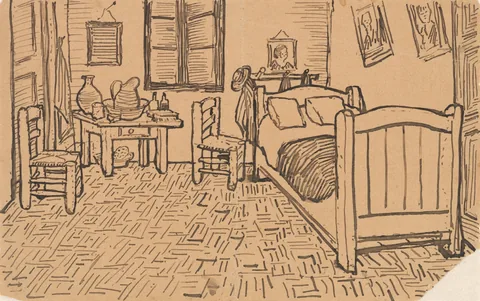 펜으로 그린 방 그림. 가운데 위에 창이 있고 그 오른쪽에 나무 침대가 놓여 있으며, 의자 두 개와 작은 탁자, 벽에 걸린 액자가 보인다.